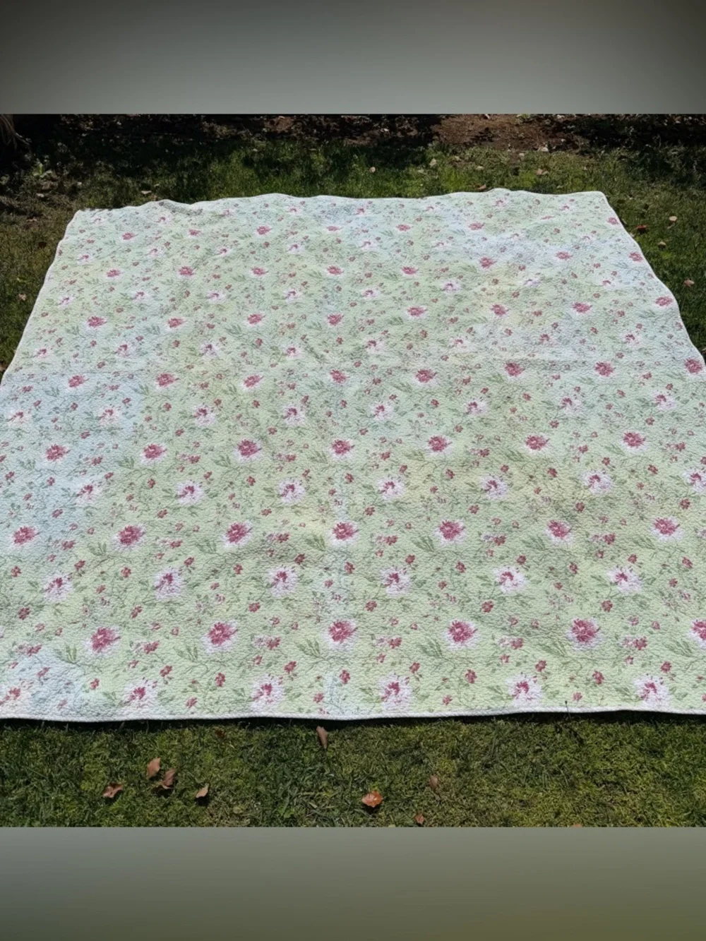 VTG Laura Ashley Reversible Floral Quilt Green Pink Roses Stripes 84x86 FLAWS